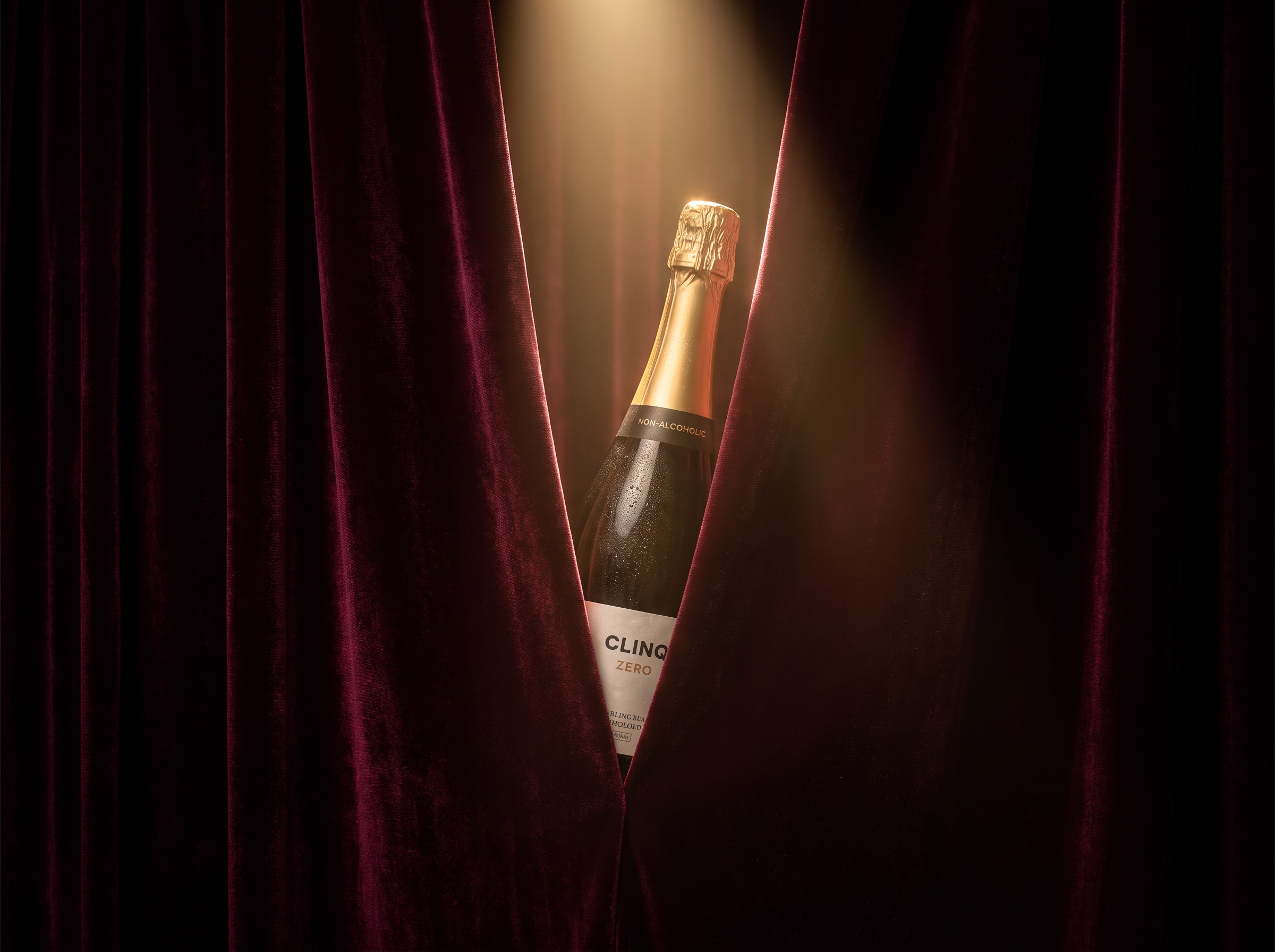 CLINQ ZERO bottle revealed through velvet theater curtains